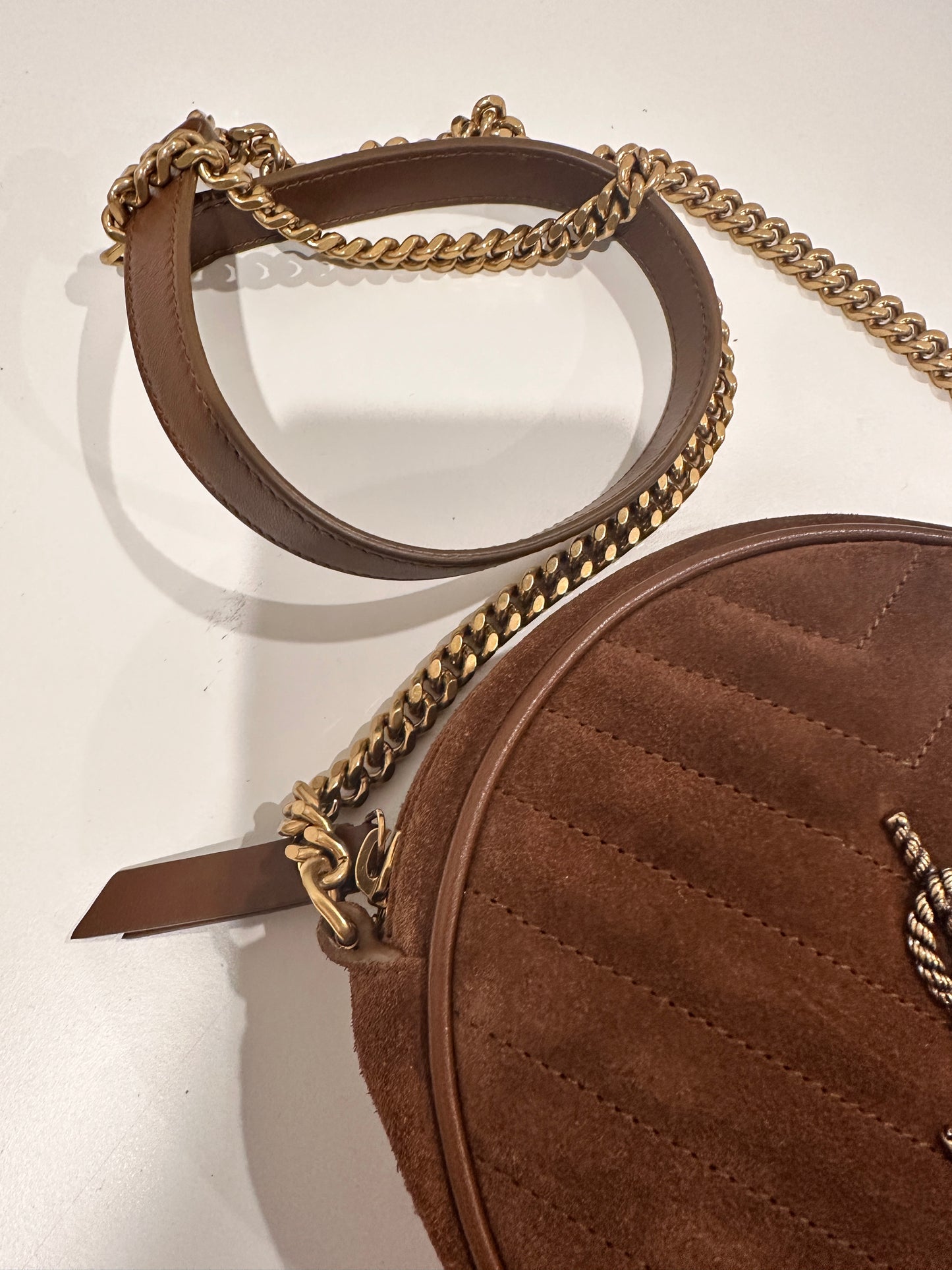 
                  
                    SAINT LAURENT Suede Calfskin Quilted Monogram Crossbody Bag
                  
                