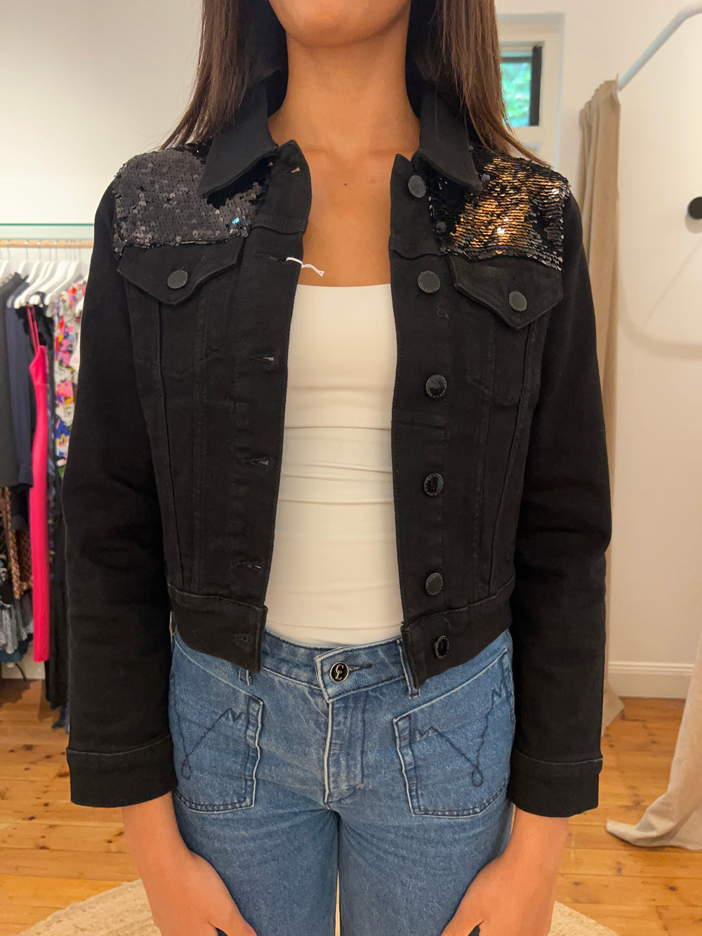 MAJE Black denim jacket with sequins 38
