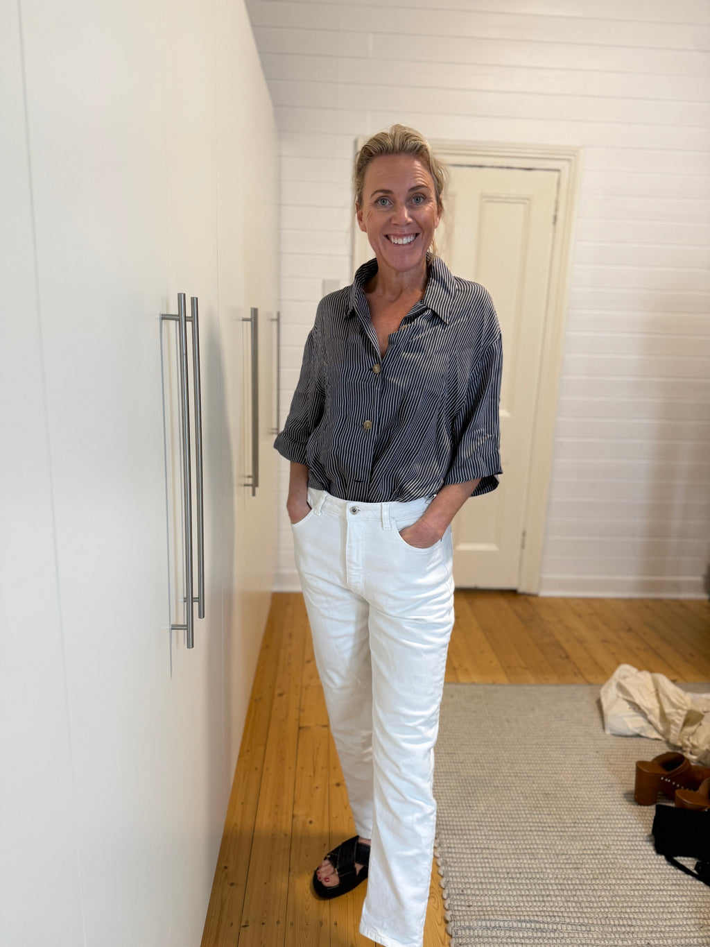 KHAITE Owen Striped Short Sleeve Shirt