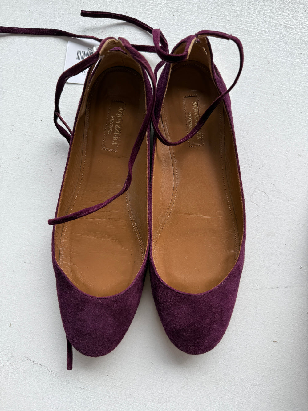AQUAZZURA	Plum suede ballet flats with lace up straps 40