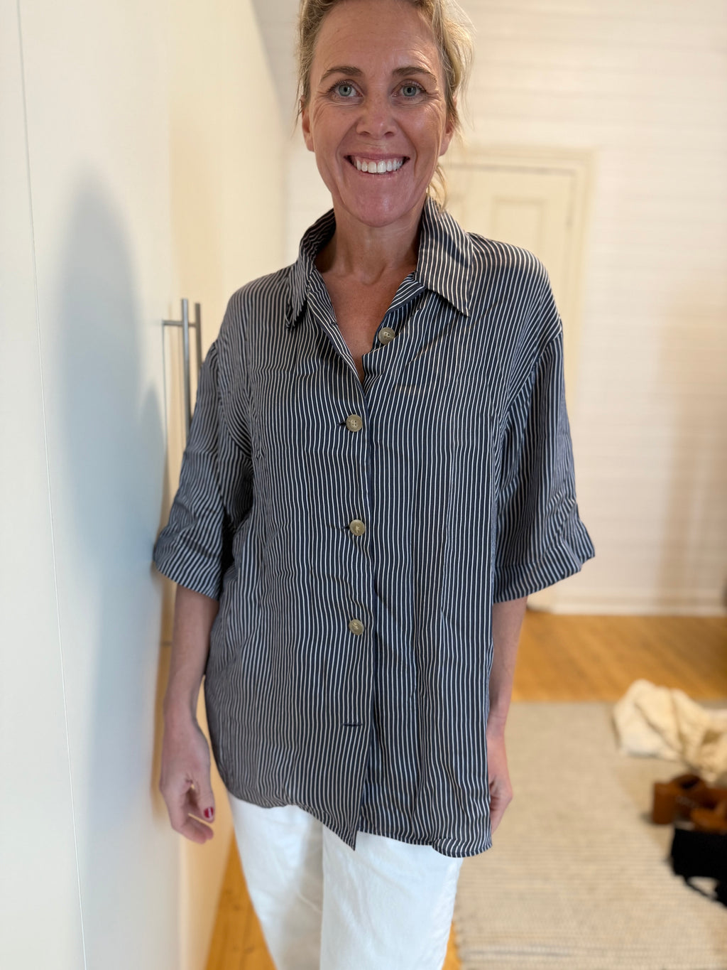 KHAITE Owen Striped Short Sleeve Shirt