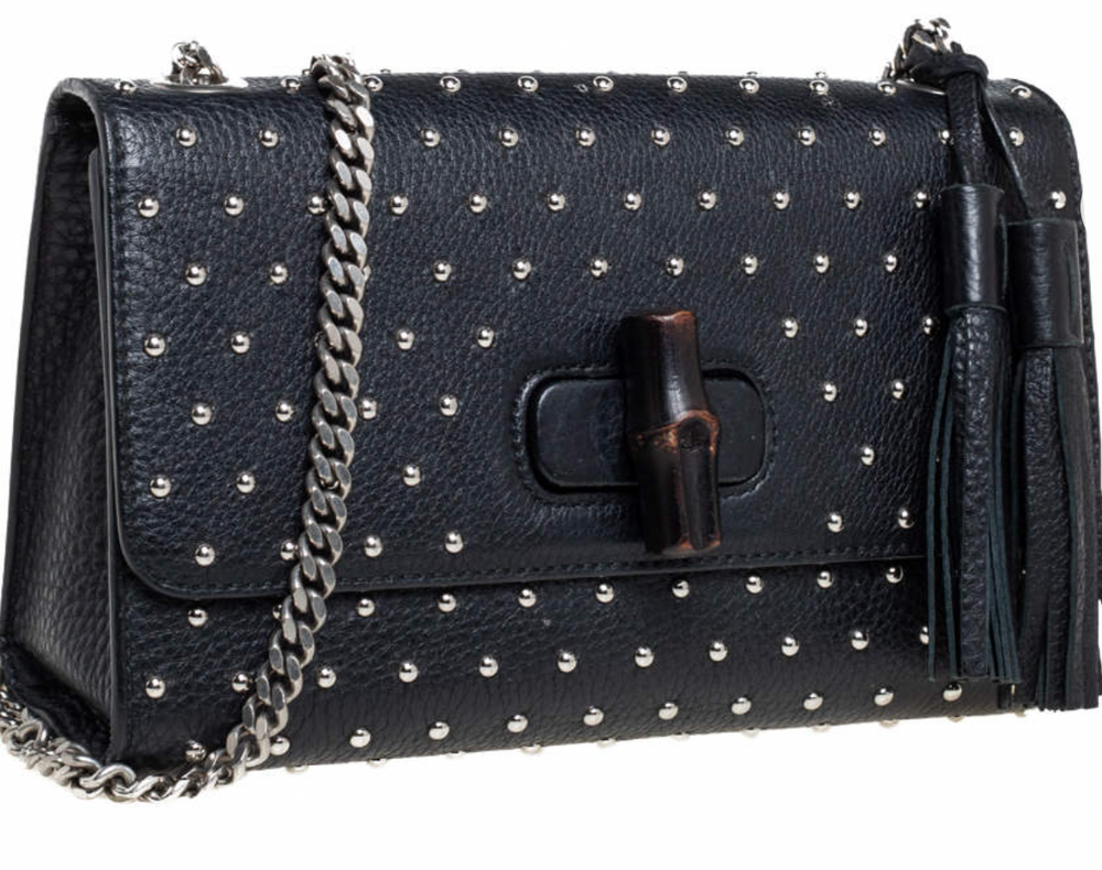 GUCCI Black studded leather miss bamboo shoulder bag