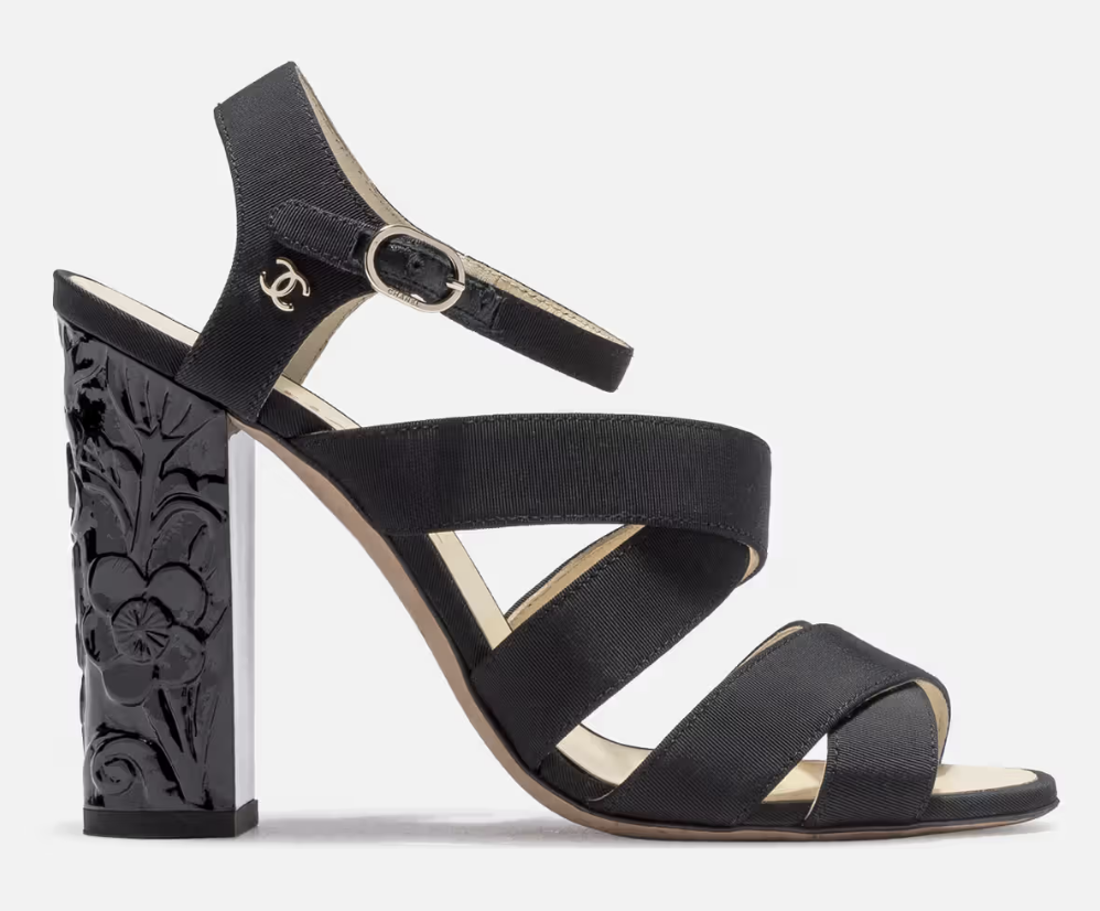 CHANEL Black strappy with floral heel 39C