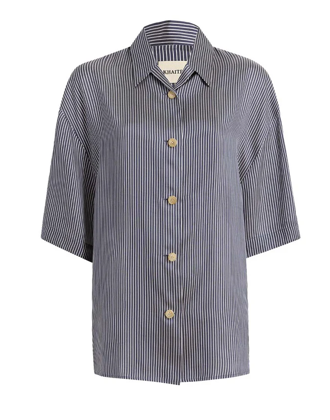 KHAITE Owen Striped Short Sleeve Shirt